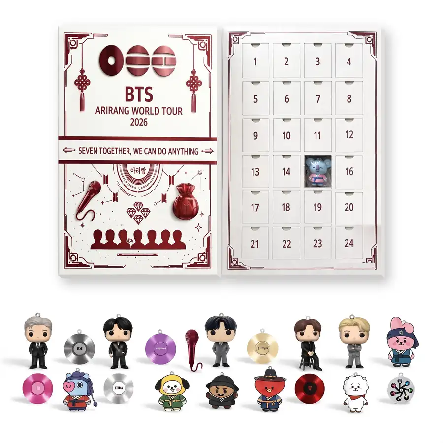 Armymas advent calendar opened: the cover and the 24 numbered doors, with mini figures, mini vinyl records and hanbok charms